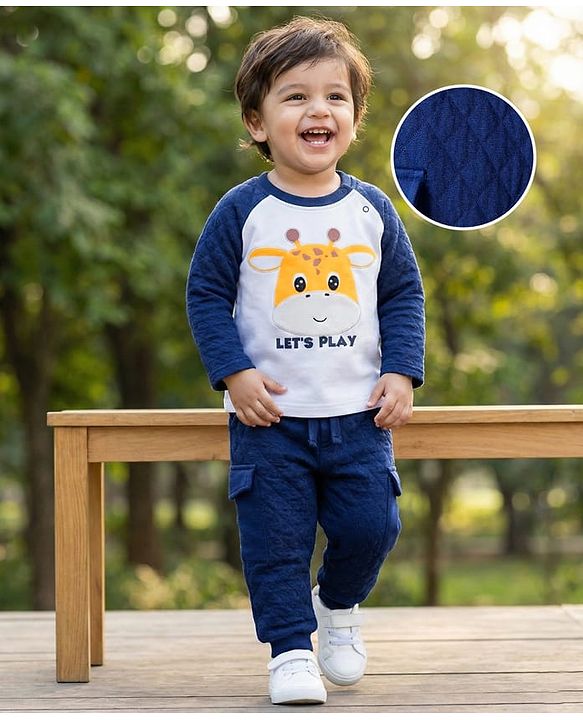 Babyhug Terry Knit Full Raglan Sleeves T-Shirt & Lounge Pant Set With Giraffe Print - White & Navy Blue