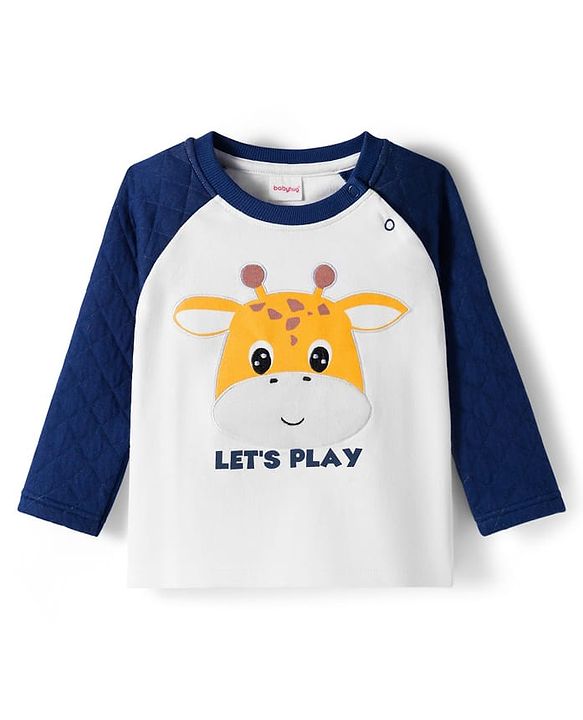 Babyhug Terry Knit Full Raglan Sleeves T-Shirt & Lounge Pant Set With Giraffe Print - White & Navy Blue