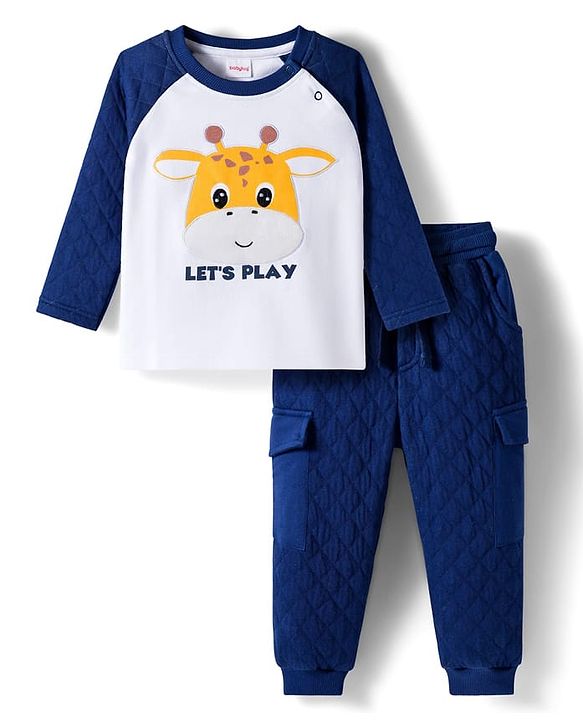 Babyhug Terry Knit Full Raglan Sleeves T-Shirt & Lounge Pant Set With Giraffe Print - White & Navy Blue