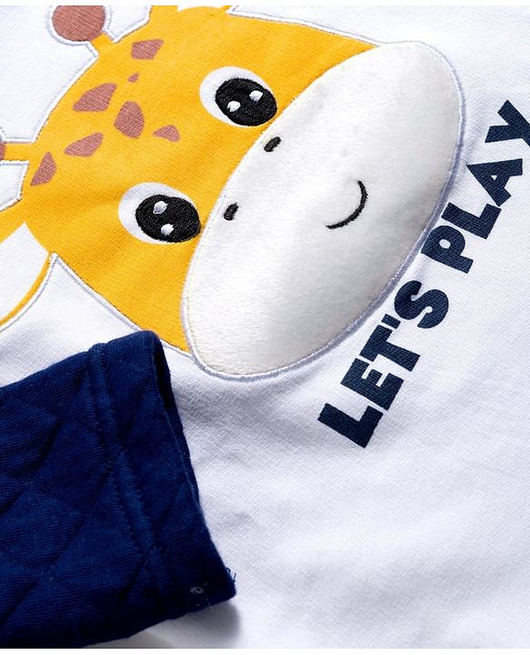 Babyhug Terry Knit Full Raglan Sleeves T-Shirt & Lounge Pant Set With Giraffe Print - White & Navy Blue