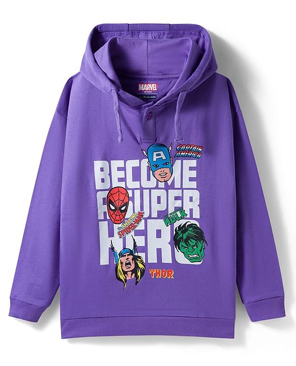 Pine Kids Marvel Terry Knit Drop Shoulder Full Sleeves Hooded Sweatshirt with Avengers Graphic - Purple