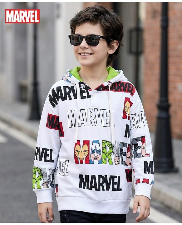 Pine Kids Marvel Terry Knit Drop Shoulder Full Sleeves Hooded Sweatshirt With Avengers Graphics - White