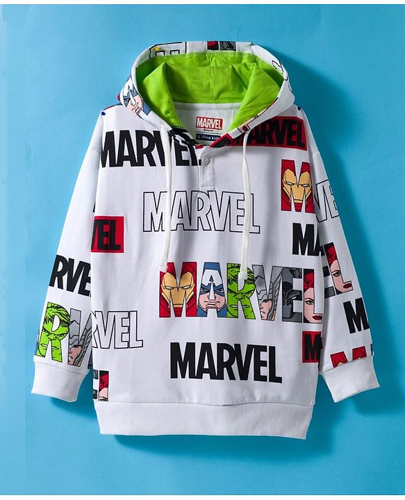 Pine Kids Marvel Terry Knit Drop Shoulder Full Sleeves Hooded Sweatshirt With Avengers Graphics - White