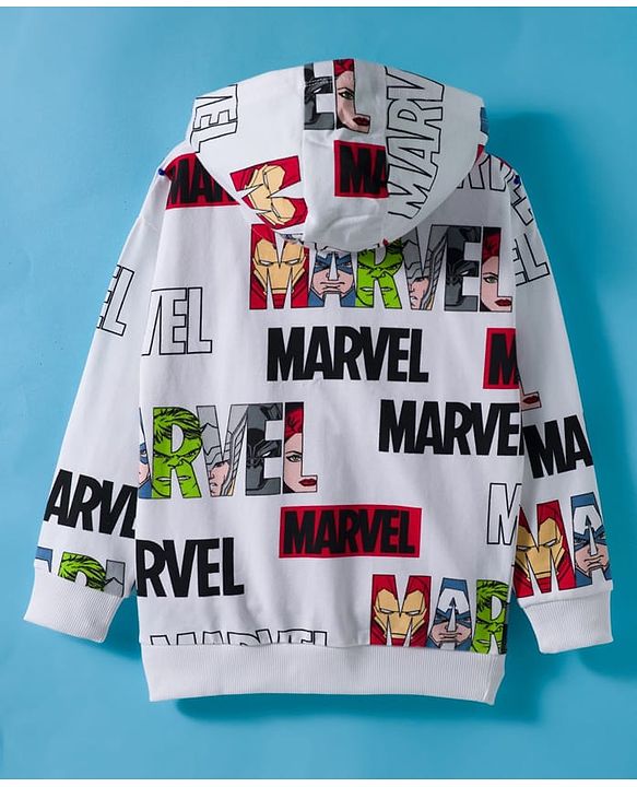 Pine Kids Marvel Terry Knit Drop Shoulder Full Sleeves Hooded Sweatshirt With Avengers Graphics - White