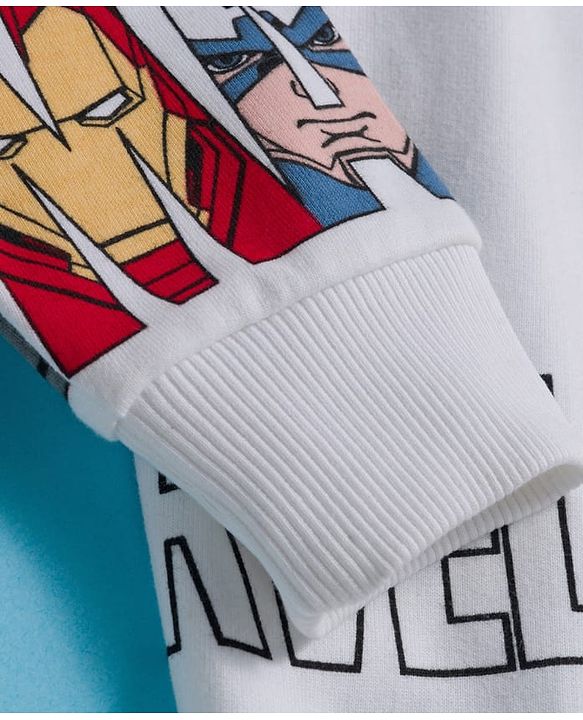 Pine Kids Marvel Terry Knit Drop Shoulder Full Sleeves Hooded Sweatshirt With Avengers Graphics - White