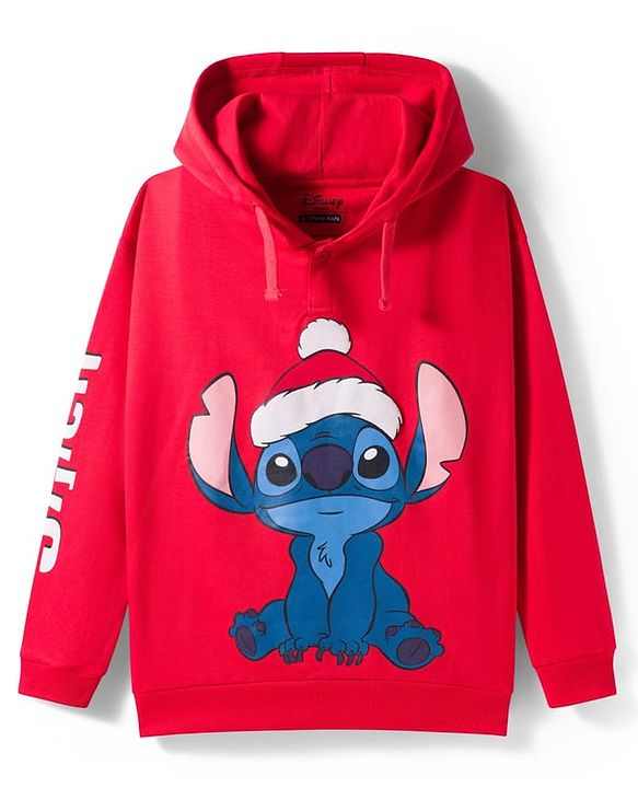 Pine Kids Disney Terry Knit Full Sleeves Hooded Sweatshirt with Lilo & Stitch Graphic - Red
