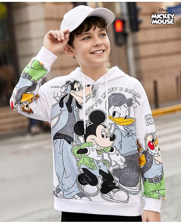 Pine Kids Disney Terry Knit Drop Shoulder Full Sleeves Sweatshirt with Mickey Mouse & Friends Graphic - White