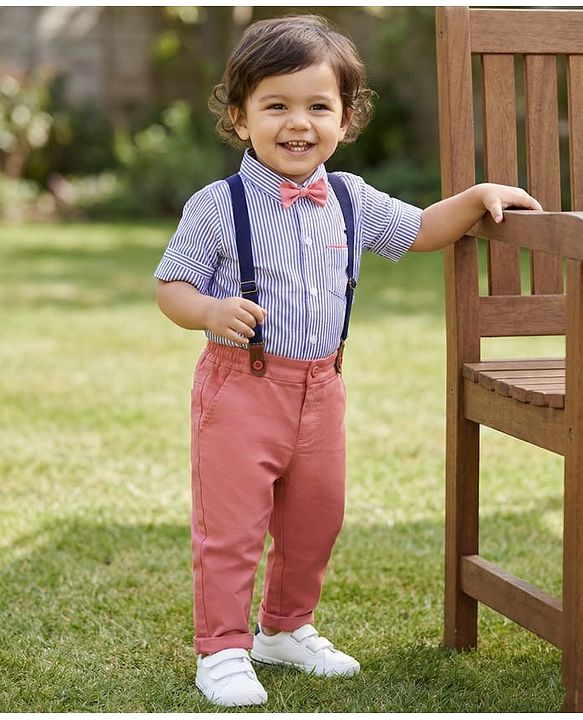 Babyhug 100% Cotton Woven Full Sleeves Striped Shirt & Pant Set With Bow & Suspender - Blue & Pink