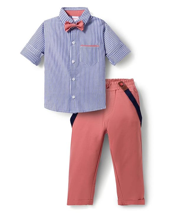 Babyhug 100% Cotton Woven Full Sleeves Striped Shirt & Pant Set With Bow & Suspender - Blue & Pink
