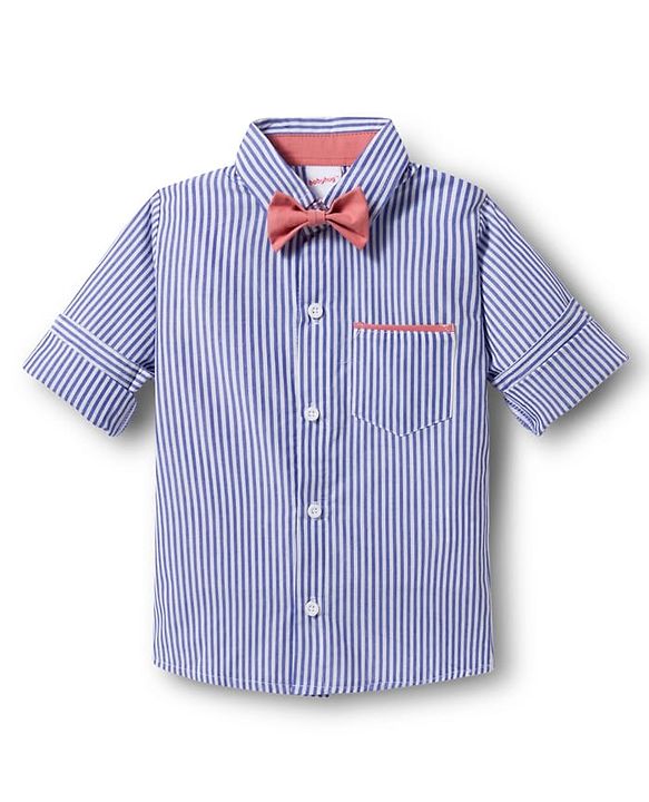 Babyhug 100% Cotton Woven Full Sleeves Striped Shirt & Pant Set With Bow & Suspender - Blue & Pink