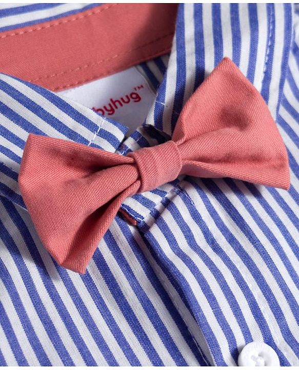 Babyhug 100% Cotton Woven Full Sleeves Striped Shirt & Pant Set With Bow & Suspender - Blue & Pink