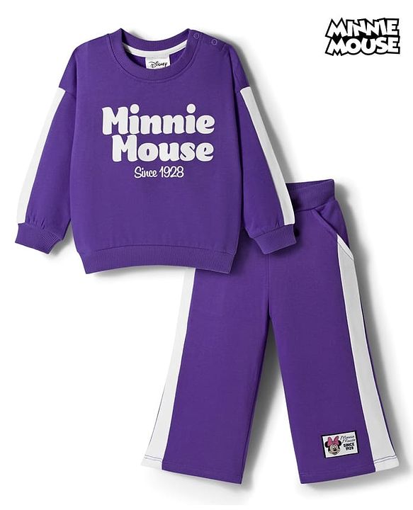 Babyhug Disney Terry Full Sleeves Drop Shoulder T-Shirt and Trackpant with Minnie Mouse Graphics - Purple