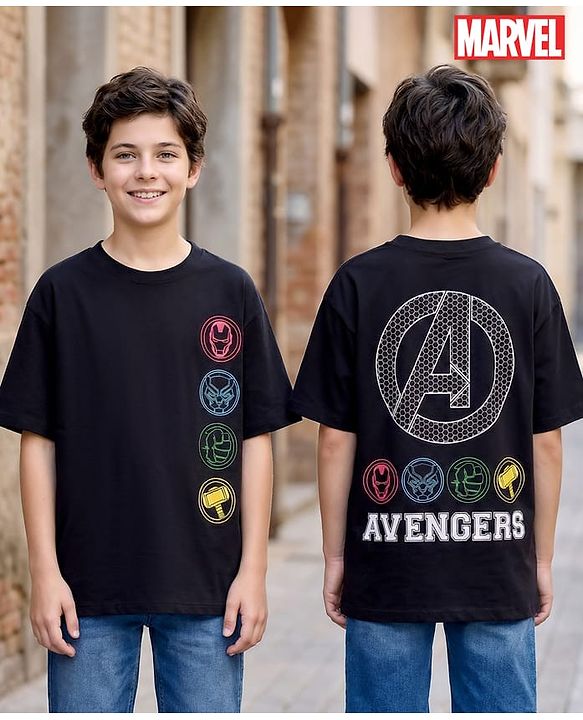 Pine Kids Marvel Single Jersey Knit Half Sleeves Drop Shoulder T-Shirt with Front and Back Avengers Graphics - Black