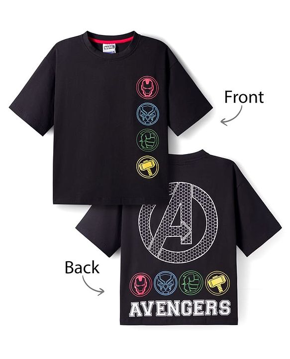 Pine Kids Marvel Single Jersey Knit Half Sleeves Drop Shoulder T-Shirt with Front and Back Avengers Graphics - Black