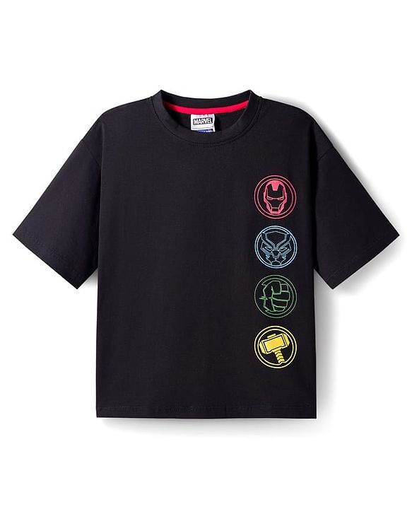 Pine Kids Marvel Single Jersey Knit Half Sleeves Drop Shoulder T-Shirt with Front and Back Avengers Graphics - Black