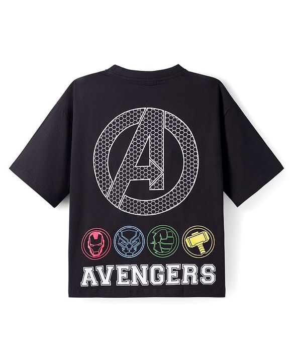 Pine Kids Marvel Single Jersey Knit Half Sleeves Drop Shoulder T-Shirt with Front and Back Avengers Graphics - Black