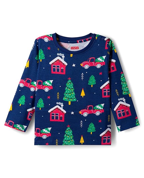 Babyhug Cotton Knit Full Sleeves Co-ords Night Suit With Christmas Tree Print  - Navy Blue