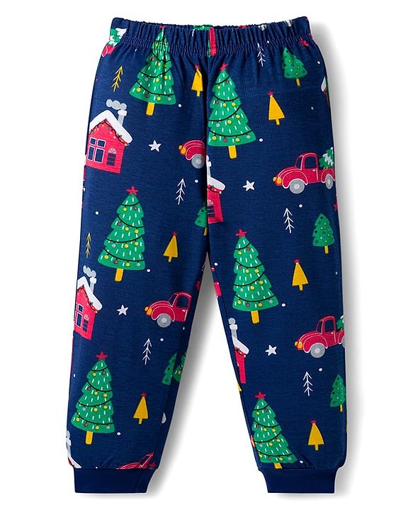 Babyhug Cotton Knit Full Sleeves Co-ords Night Suit With Christmas Tree Print  - Navy Blue