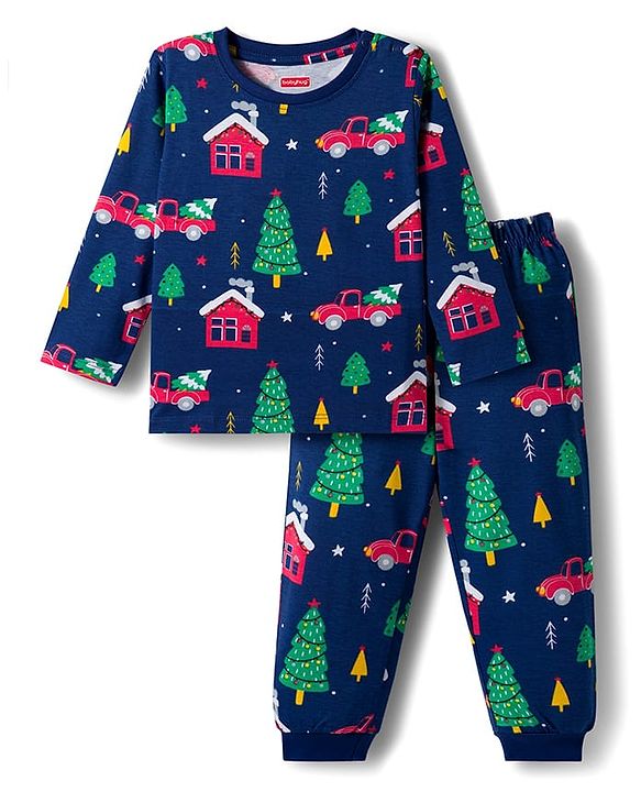 Babyhug Cotton Knit Full Sleeves Co-ords Night Suit With Christmas Tree Print  - Navy Blue