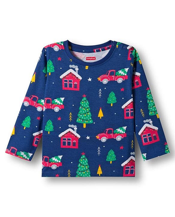 Babyhug Cotton Knit Full Sleeves Co-ords Night Suit With Christmas Tree Print  - Navy Blue