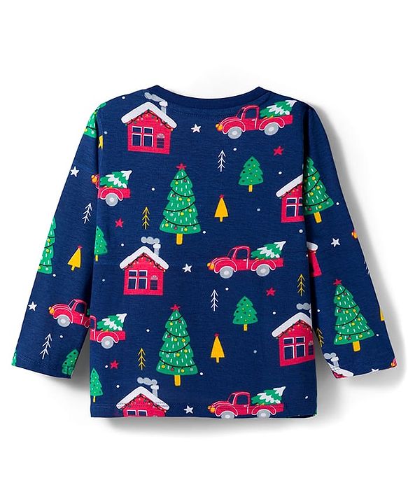 Babyhug Cotton Knit Full Sleeves Co-ords Night Suit With Christmas Tree Print  - Navy Blue