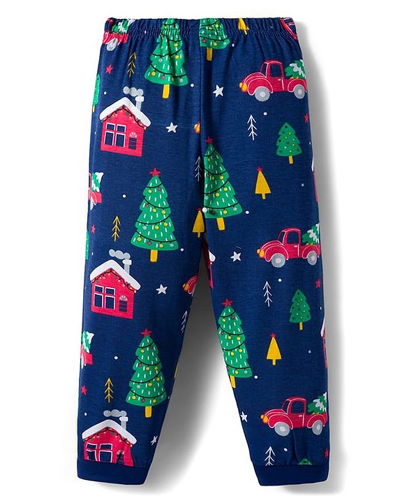 Babyhug Cotton Knit Full Sleeves Co-ords Night Suit With Christmas Tree Print  - Navy Blue