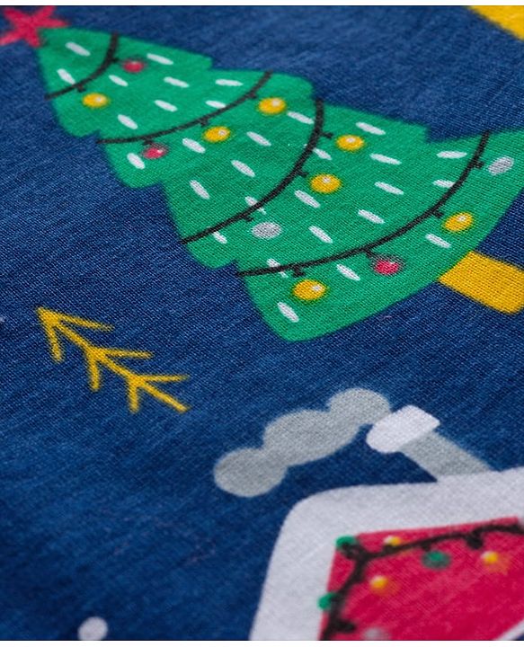 Babyhug Cotton Knit Full Sleeves Co-ords Night Suit With Christmas Tree Print  - Navy Blue