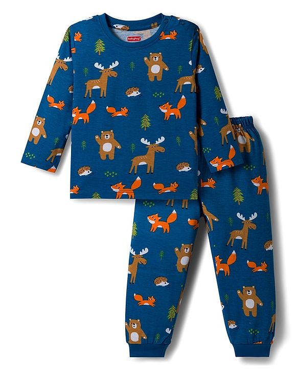 Babyhug Cotton Knit Full Sleeves Night Suit With Animal Print - Teal Blue