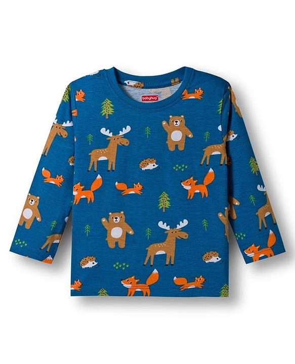 Babyhug Cotton Knit Full Sleeves Night Suit With Animal Print - Teal Blue