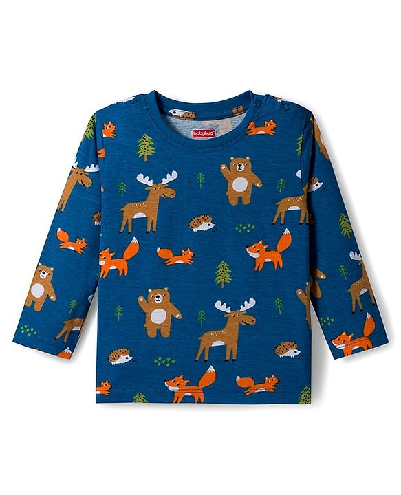 Babyhug Cotton Knit Full Sleeves Night Suit With Animal Print - Teal Blue