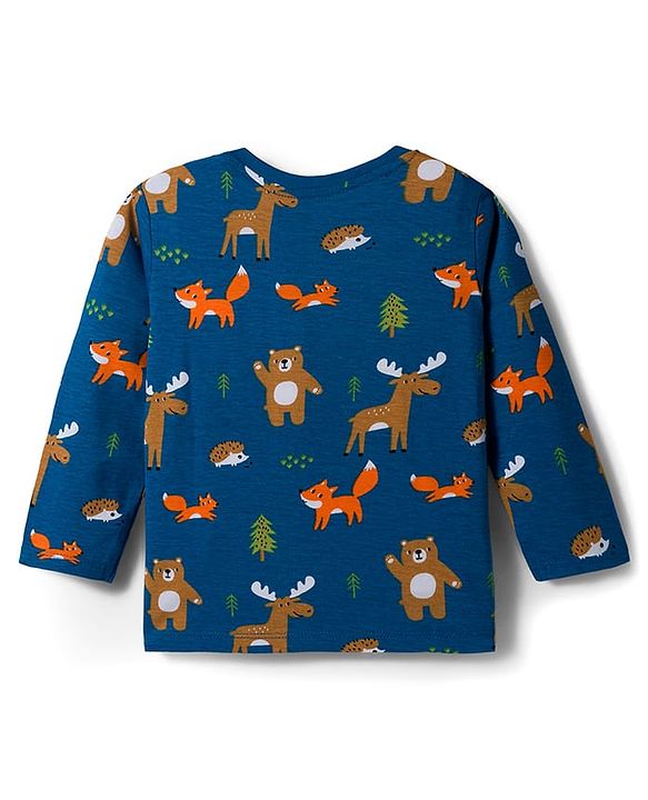 Babyhug Cotton Knit Full Sleeves Night Suit With Animal Print - Teal Blue