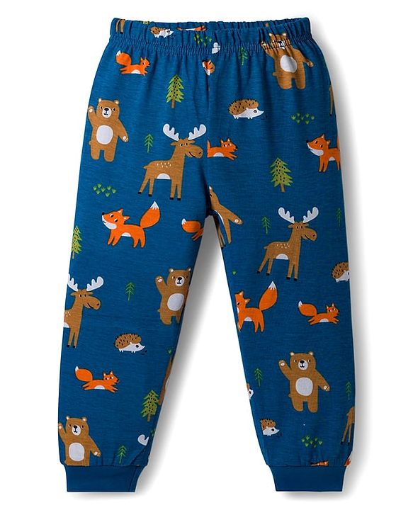 Babyhug Cotton Knit Full Sleeves Night Suit With Animal Print - Teal Blue