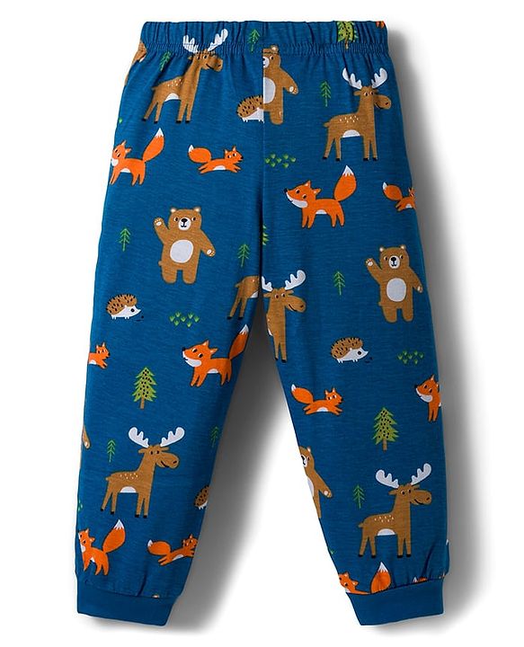 Babyhug Cotton Knit Full Sleeves Night Suit With Animal Print - Teal Blue