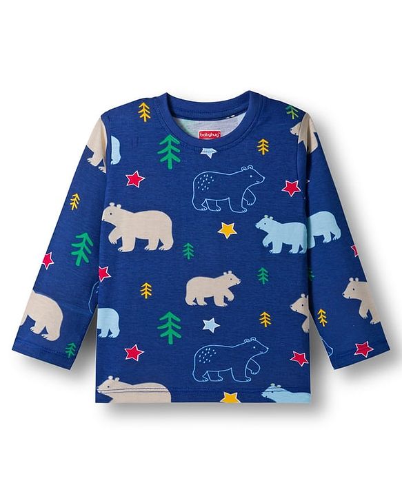 Babyhug Cotton Knit Full Sleeves Co-ords Night Suit With Animal Print - Navy Blue