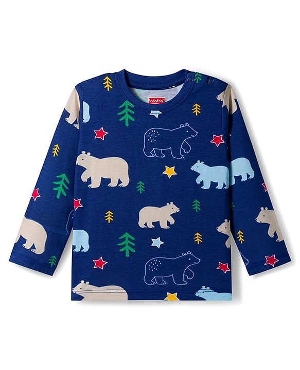 Babyhug Cotton Knit Full Sleeves Co-ords Night Suit With Animal Print - Navy Blue