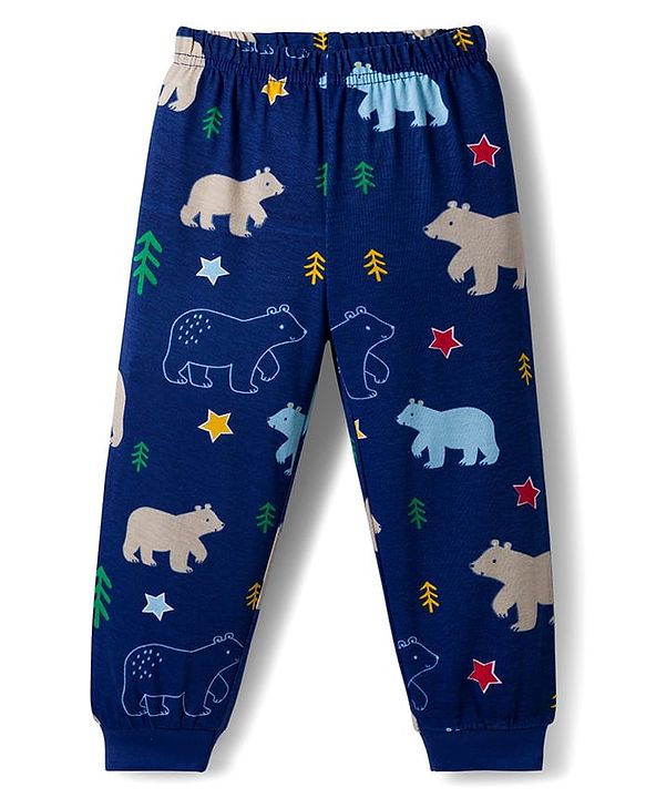 Babyhug Cotton Knit Full Sleeves Co-ords Night Suit With Animal Print - Navy Blue