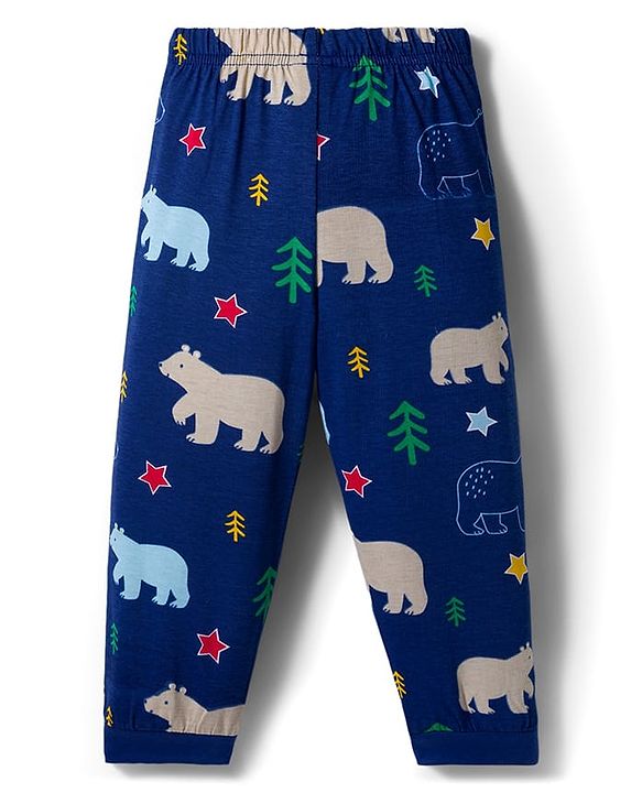 Babyhug Cotton Knit Full Sleeves Co-ords Night Suit With Animal Print - Navy Blue