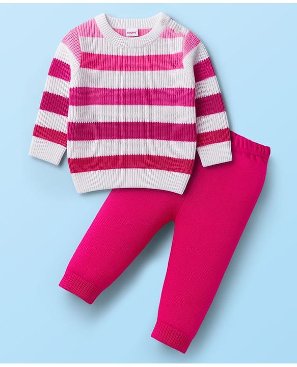 Babyhug Knitted Full Sleeves Striped Sweater Set - Dark Pink & White