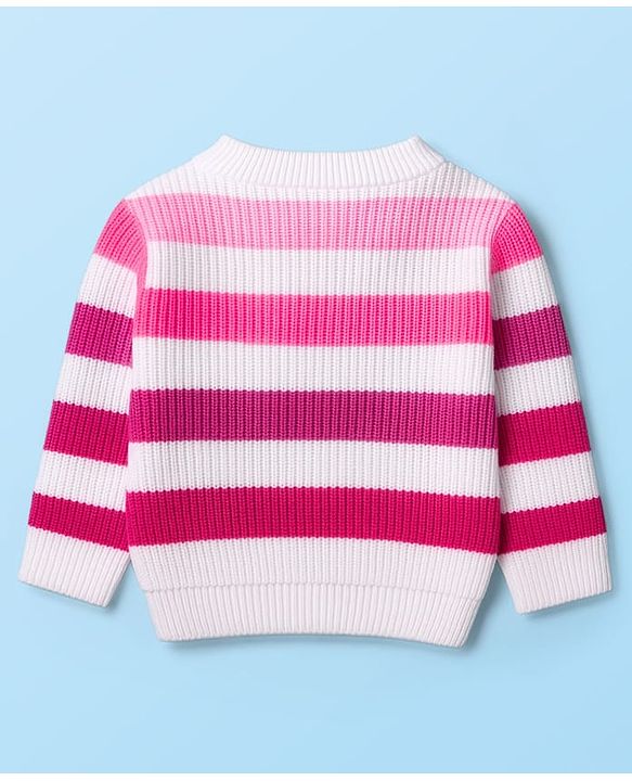 Babyhug Knitted Full Sleeves Striped Sweater Set - Dark Pink & White