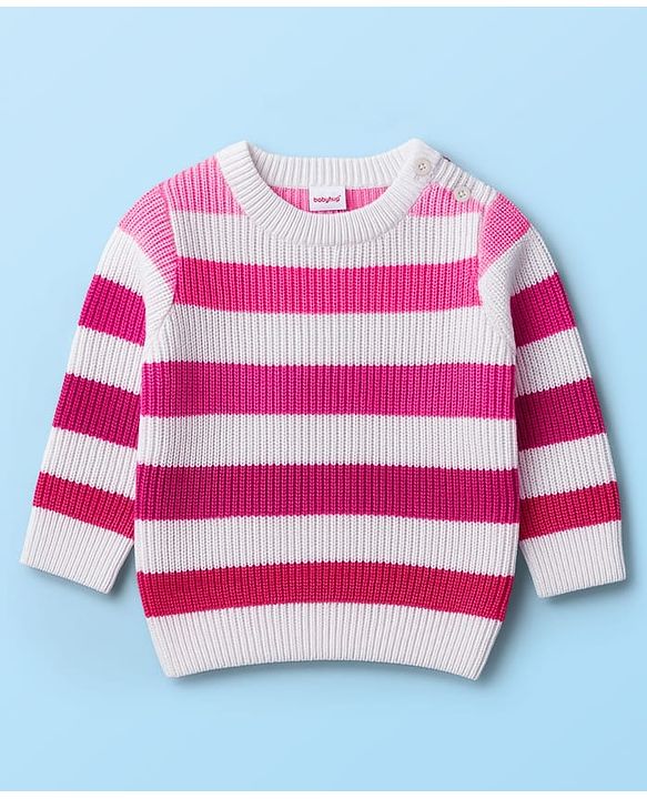 Babyhug Knitted Full Sleeves Striped Sweater Set - Dark Pink & White