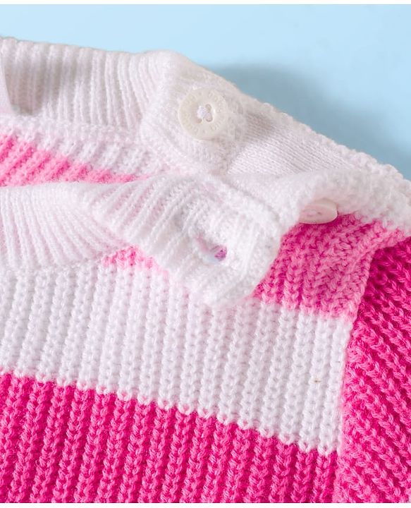 Babyhug Knitted Full Sleeves Striped Sweater Set - Dark Pink & White