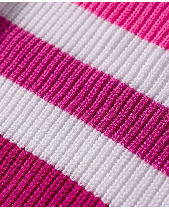 Babyhug Knitted Full Sleeves Striped Sweater Set - Dark Pink & White