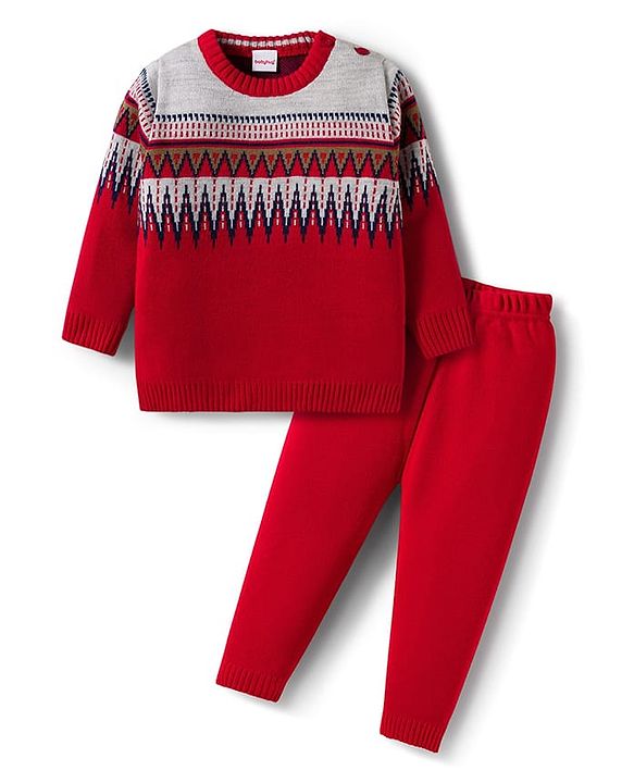 Babyhug Knit Full Sleeves Pullover Sweater Set with Stripes & Zig Zag Design - Red & White