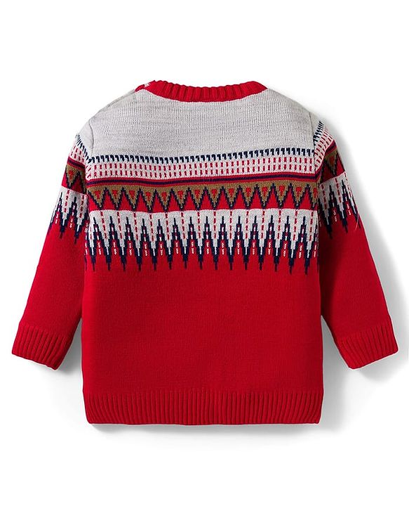 Babyhug Knit Full Sleeves Pullover Sweater Set with Stripes & Zig Zag Design - Red & White