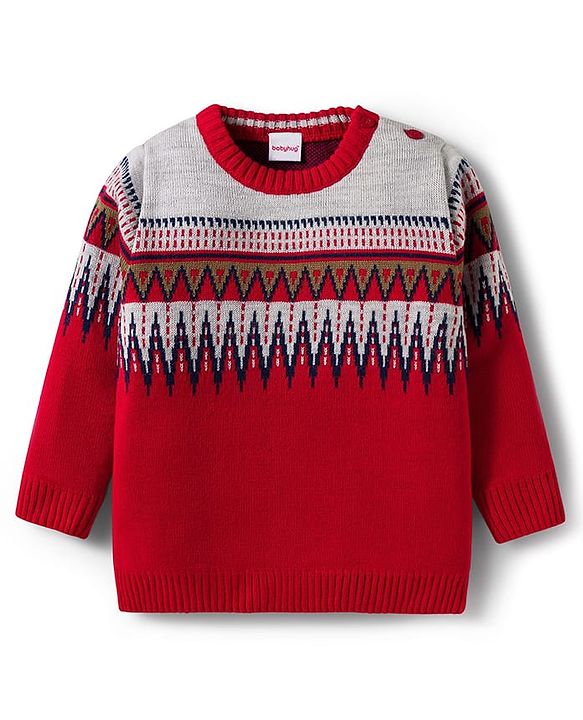 Babyhug Knit Full Sleeves Pullover Sweater Set with Stripes & Zig Zag Design - Red & White