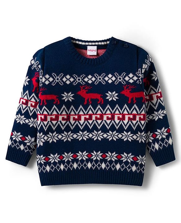 Babyhug Knit Full Sleeves Pullover Sweater Set with Snow Flakes & Reindeer  Design - Navy Blue