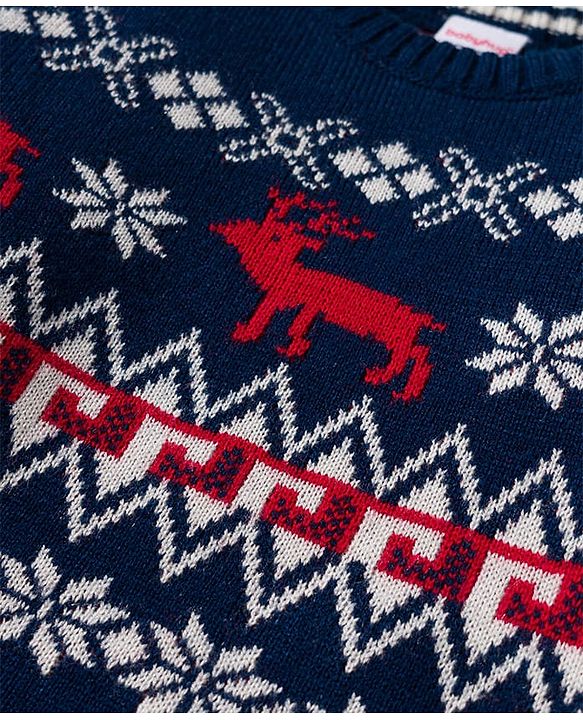 Babyhug Knit Full Sleeves Pullover Sweater Set with Snow Flakes & Reindeer  Design - Navy Blue