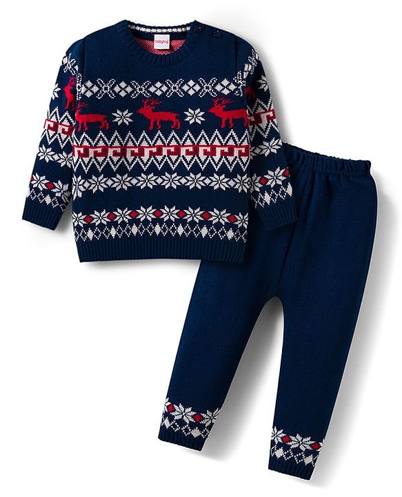 Babyhug Knit Full Sleeves Pullover Sweater Set with Snow Flakes & Reindeer  Design - Navy Blue