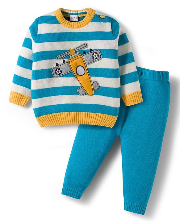 Babyhug Knitted Full Sleeves Sweater Set With Airplane Embroidery - Blue & Yellow
