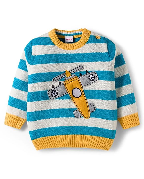 Babyhug Knitted Full Sleeves Sweater Set With Airplane Embroidery - Blue & Yellow